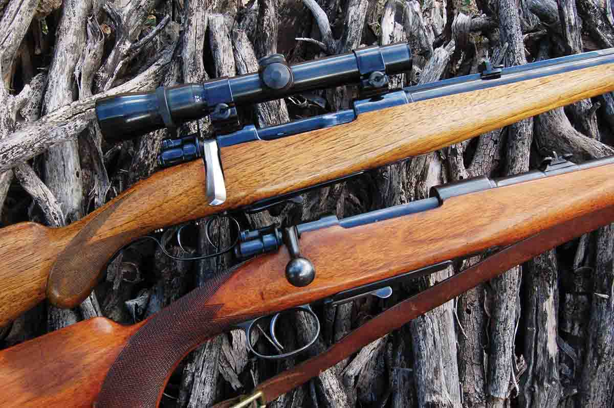 The German gunsmith-built sporter (top) and commercial Mauser M98 Model B sporter (bottom) show simple elegance that will probably never be seen again.